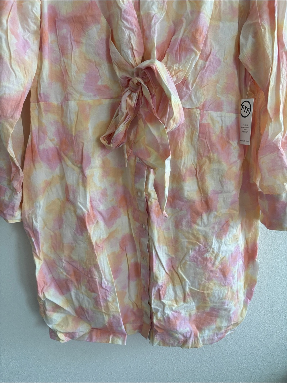 Fashion to Figure Pastel Pink Yellow Tie-Front Long Sleeve Dress - Picture 3 of 3